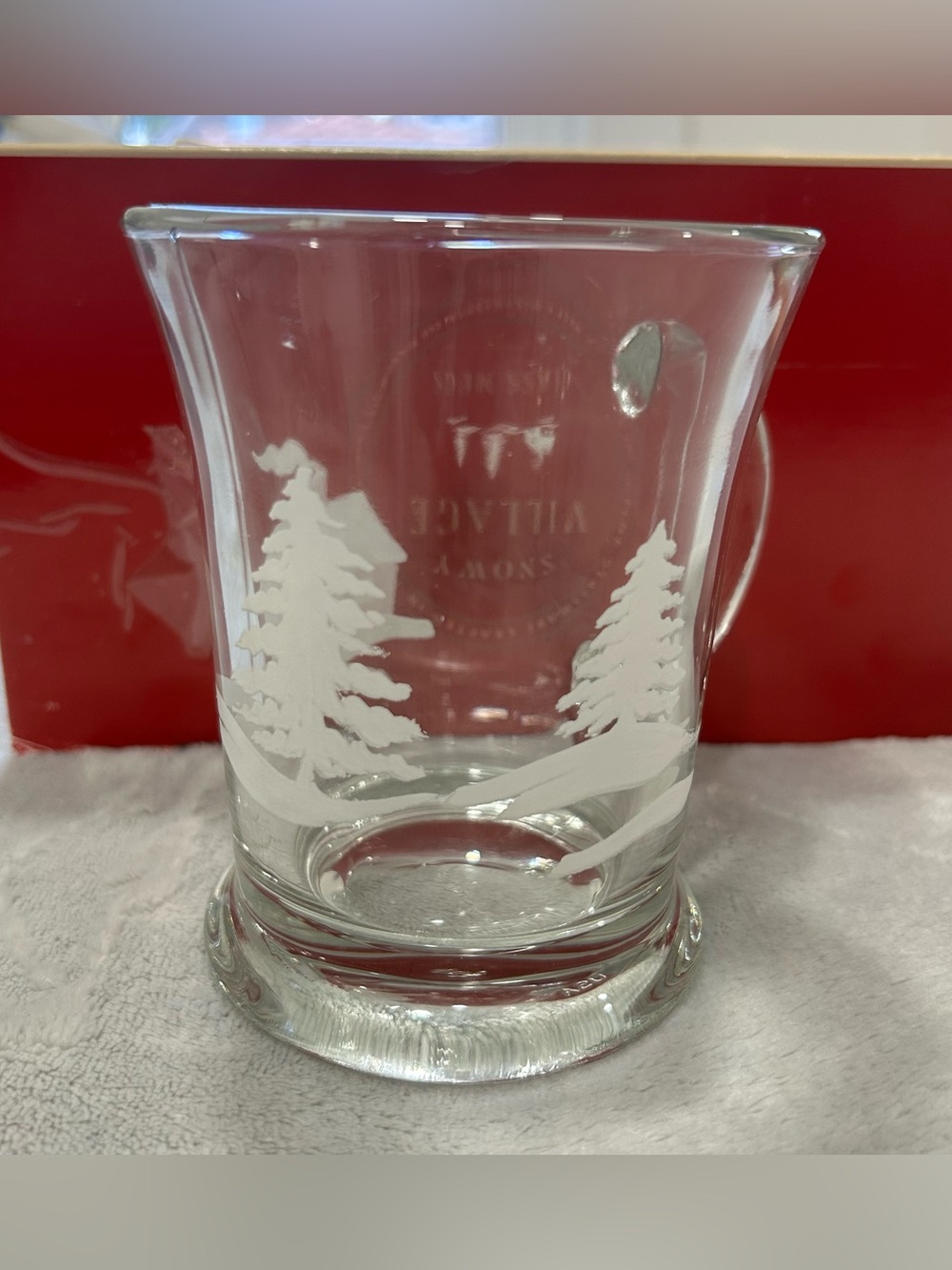 WILLIAMS-SONOMA Discontinued SNOWY VILLAGE 4 Clear Glass Mugs USA 2001 NIB